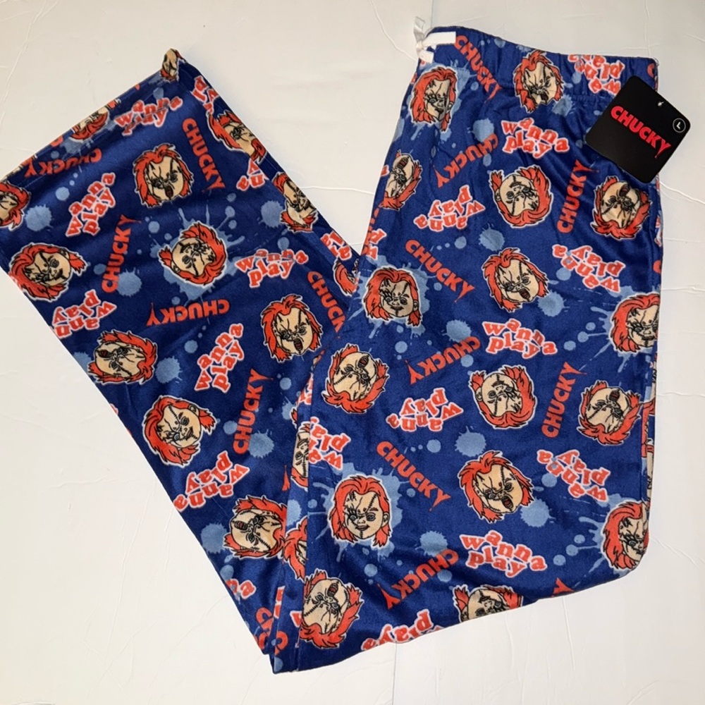 NWT Chucky Men's Christmas Minky Fleece Sleep Pajama Pants Wanna Play Size L